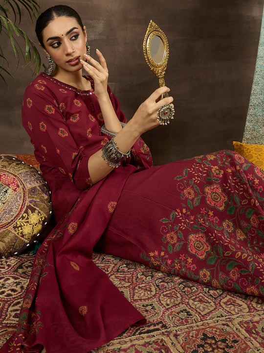 Rust Printed Pure Cotton Anarkali Suit Set With Dupatta