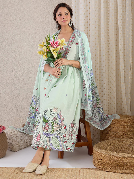 Green Printed Pure Cotton A-Line Suit Sets With Dupatta