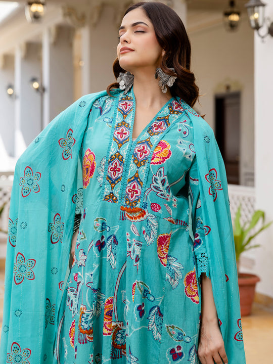Sea Green Printed Pure Cotton Anarkali Kurta Sets With Dupatta