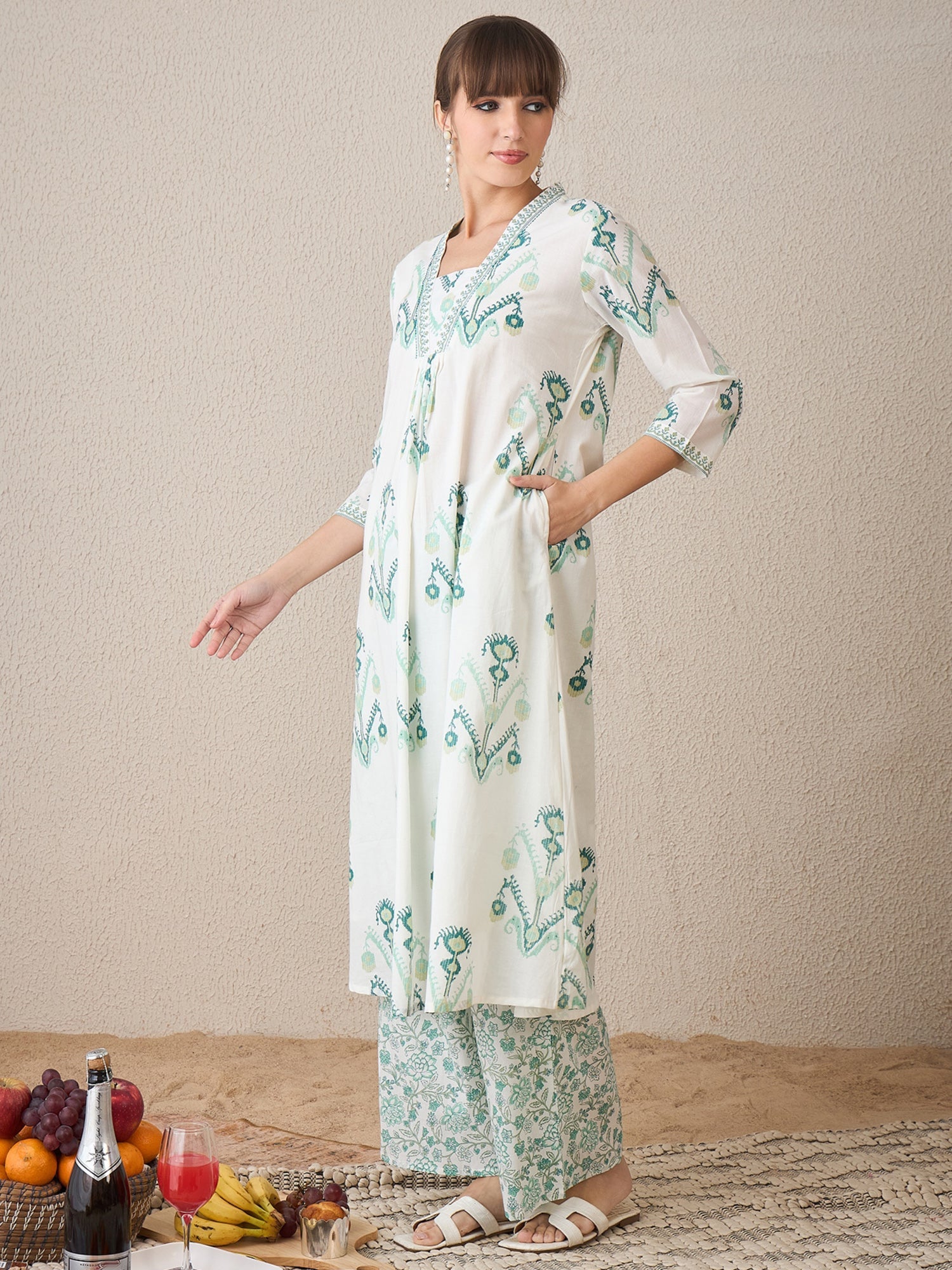 indo era, suit, kurta set for women, indo era kurta, kurta sets for ladies, summer dresses for women, 3 piece suit, cotton kurta set for women, new arrivals, women kurti plazo set, women in suit, kurta suit, floral kurta, short suit, spring summer, White suit