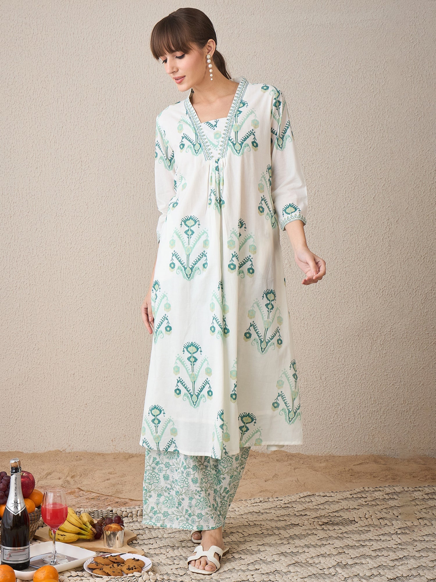 indo era, suit, kurta set for women, indo era kurta, kurta sets for ladies, summer dresses for women, 3 piece suit, cotton kurta set for women, new arrivals, women kurti plazo set, women in suit, kurta suit, floral kurta, short suit, spring summer, White suit