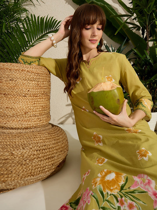 Green Printed Pure Cotton Straight Kurta Trouser Set