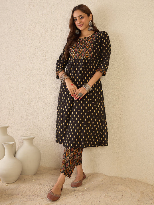 Black Printed Pure Cotton Straight Kurta With Trouser Set