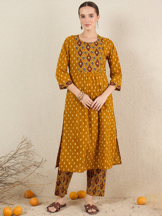Mustard Printed Pure Cotton Straight Kurta Trouser Set