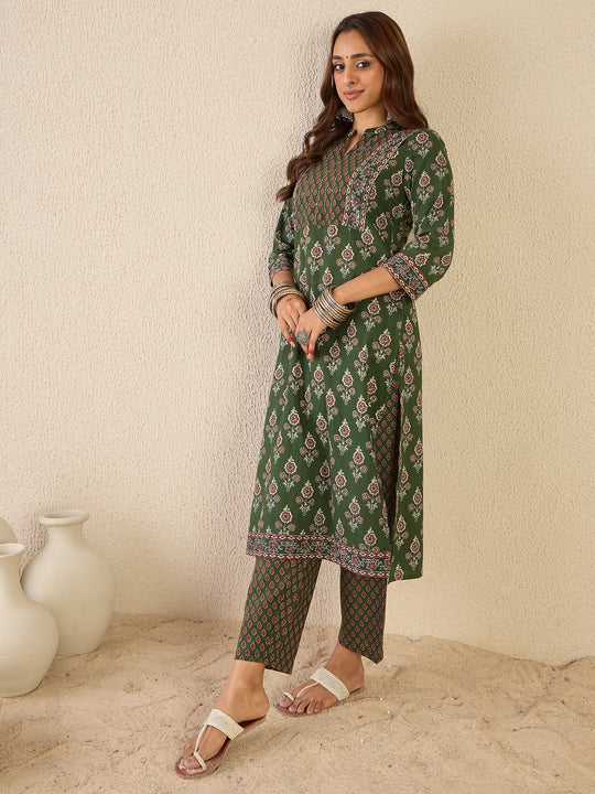 Green Printed Pure Cotton Straight Kurta With Trouser Set