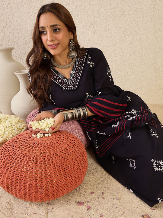 Black Printed Pure Cotton A-Line Kurta Set With Dupatta