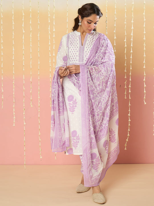 Women White Printed Pure Cotton Straight Kurta Sets With Dupatta