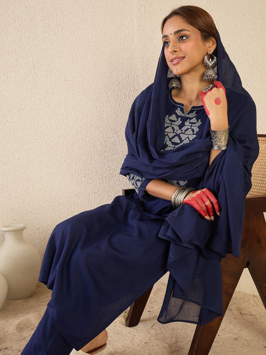 Blue Embroidered Viscose Rayon Straight Kurta Set With Dupatta