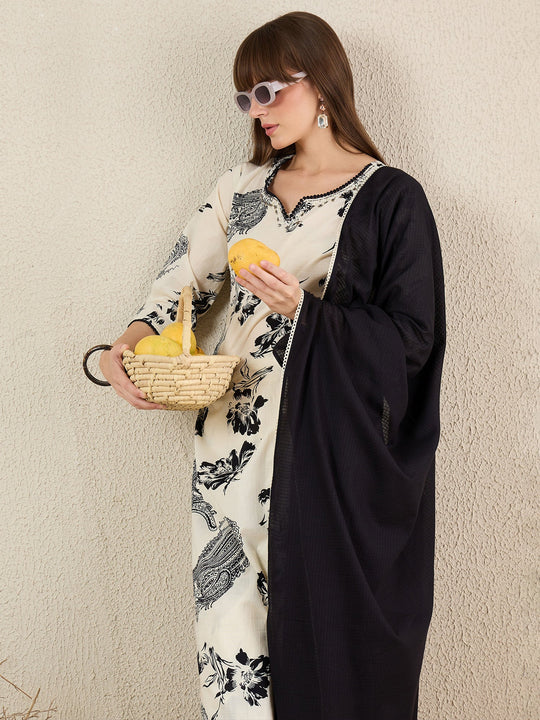 Cream Printed Pure Cotton Straight Kurta Sets With Dupatta