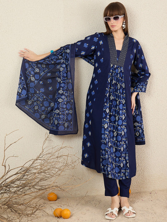 Blue Printed Pure Cotton A-Line Kurta Sets With Dupatta