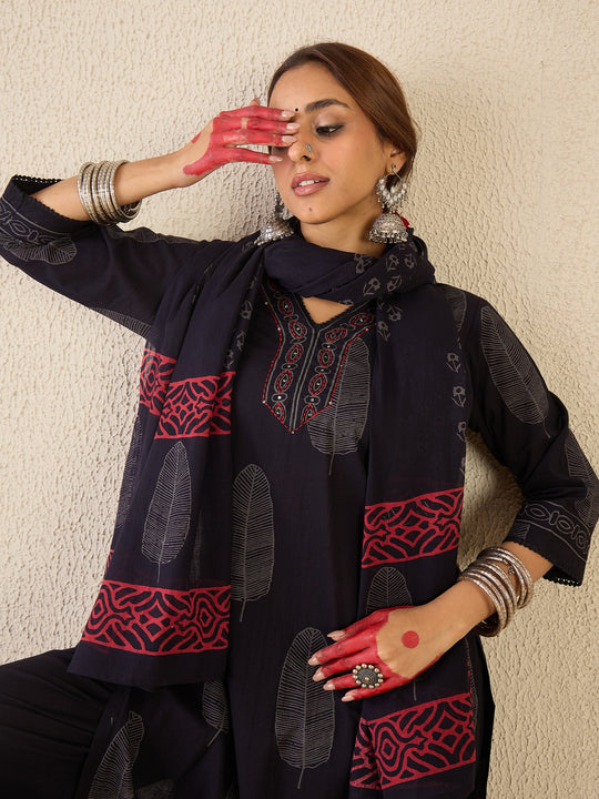 Black Printed Pure Cotton Straight Kurta Set With Dupatta
