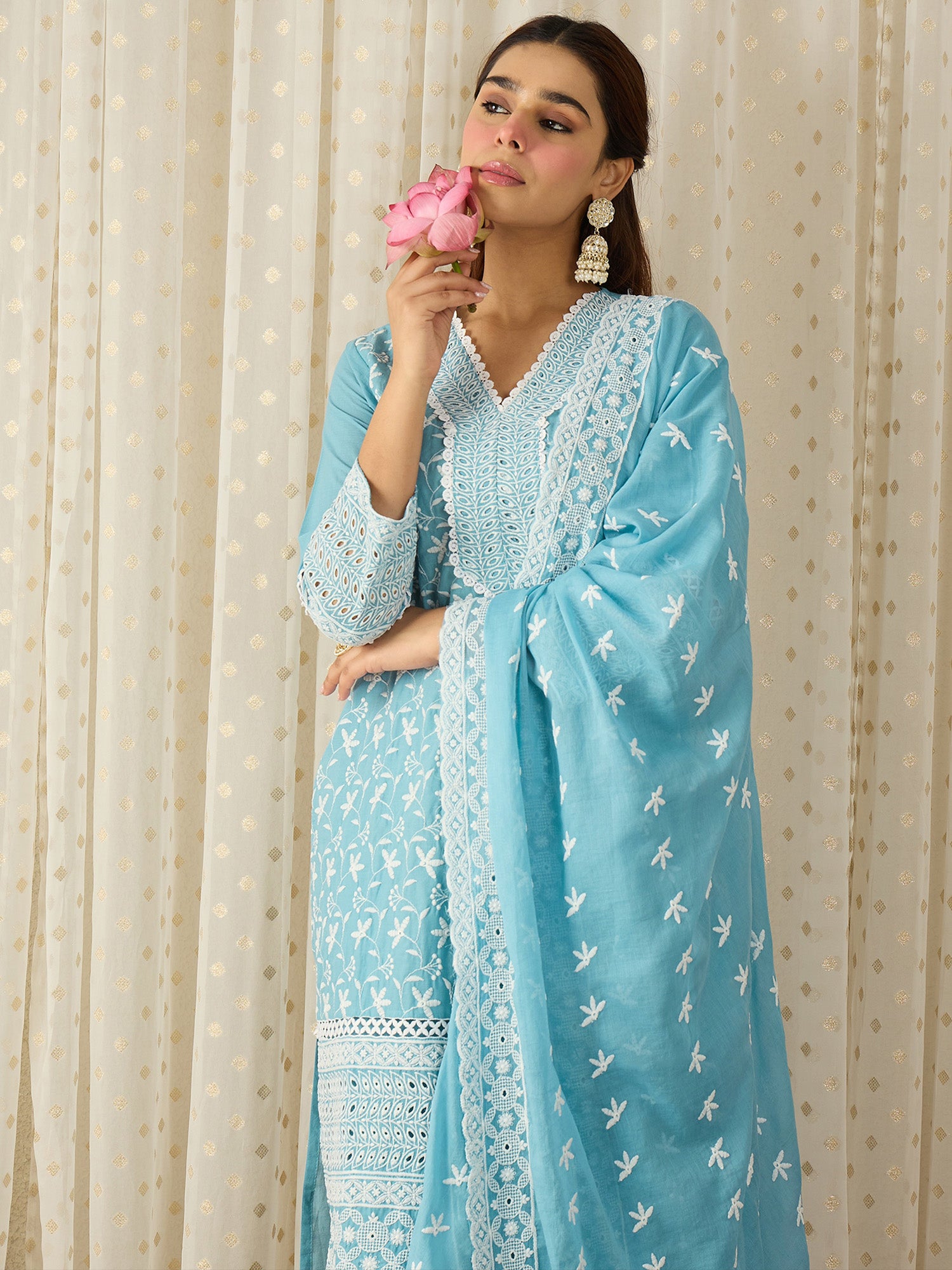 Blue Embroidered Pure Cotton Straight Kurta Sets With Dupatta