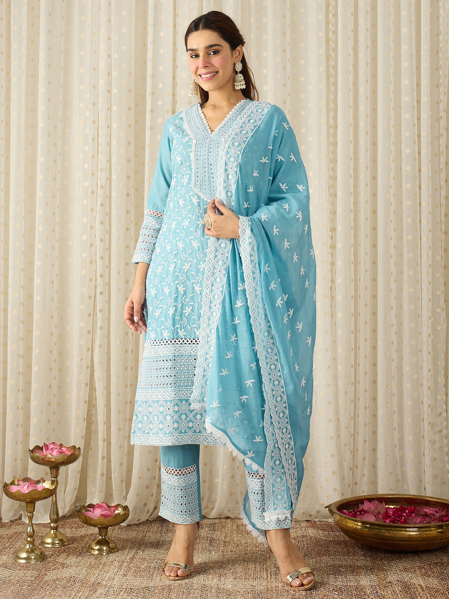 Blue Embroidered Pure Cotton Straight Kurta Sets With Dupatta
