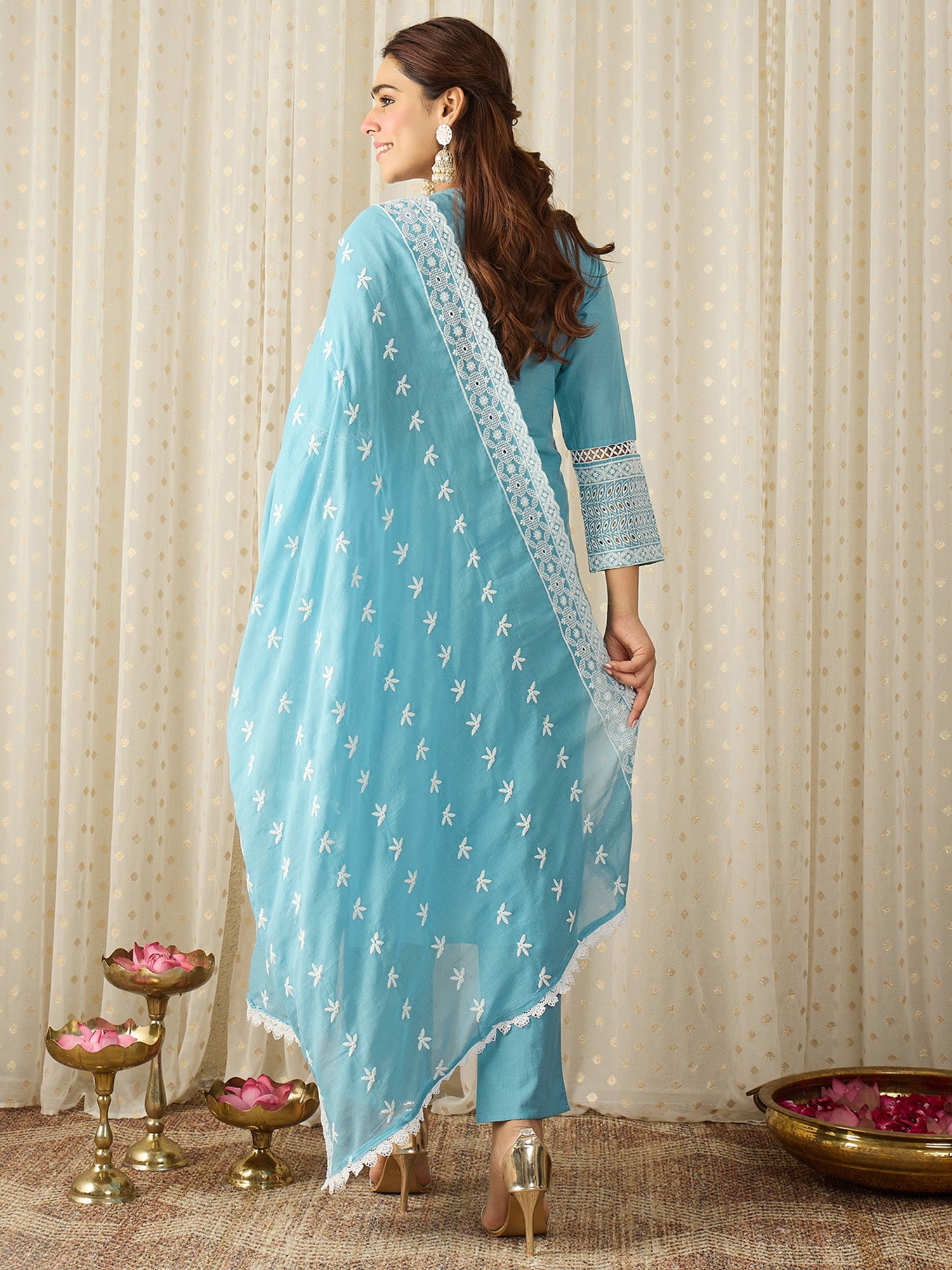 Blue Embroidered Pure Cotton Straight Kurta Sets With Dupatta