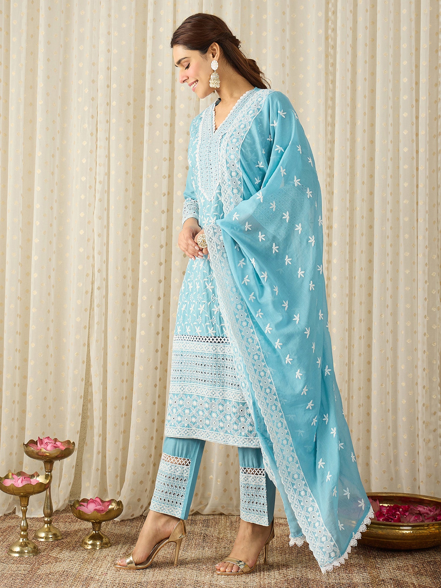 Blue Embroidered Pure Cotton Straight Kurta Sets With Dupatta