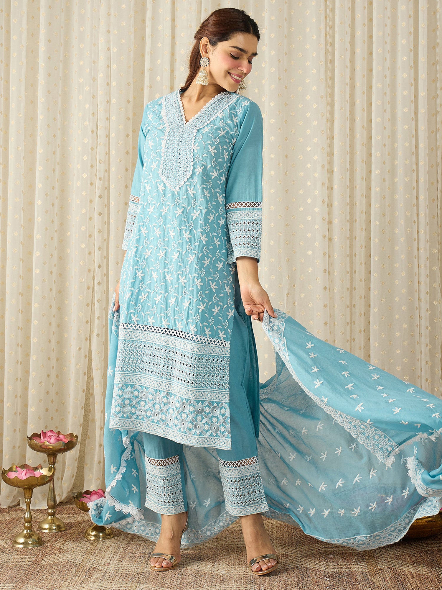 Blue Embroidered Pure Cotton Straight Kurta Sets With Dupatta