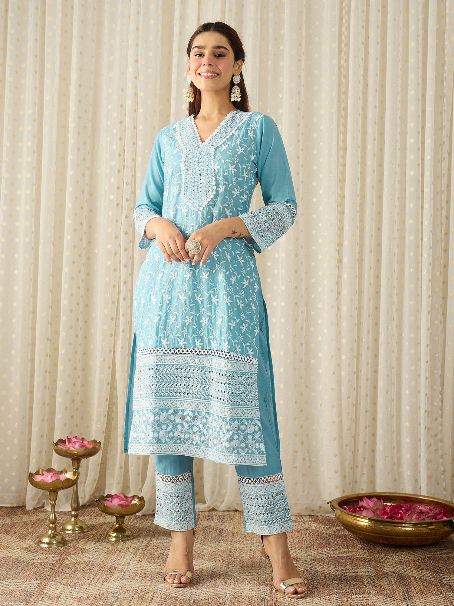 Blue Embroidered Pure Cotton Straight Kurta Sets With Dupatta