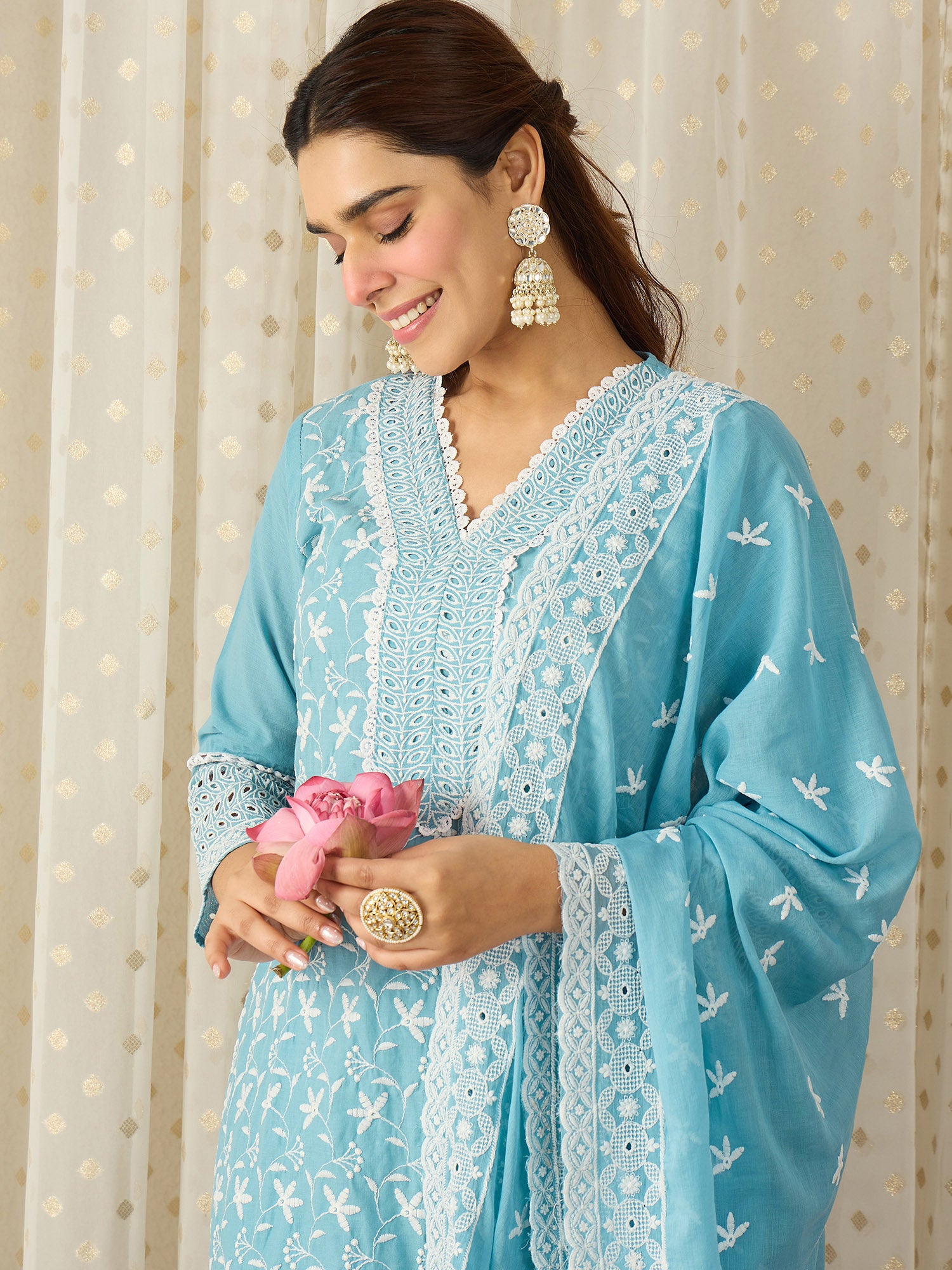 Blue Embroidered Pure Cotton Straight Kurta Sets With Dupatta