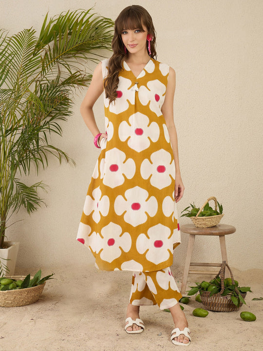 Mustard Printed A Line Kurta Trouser Set