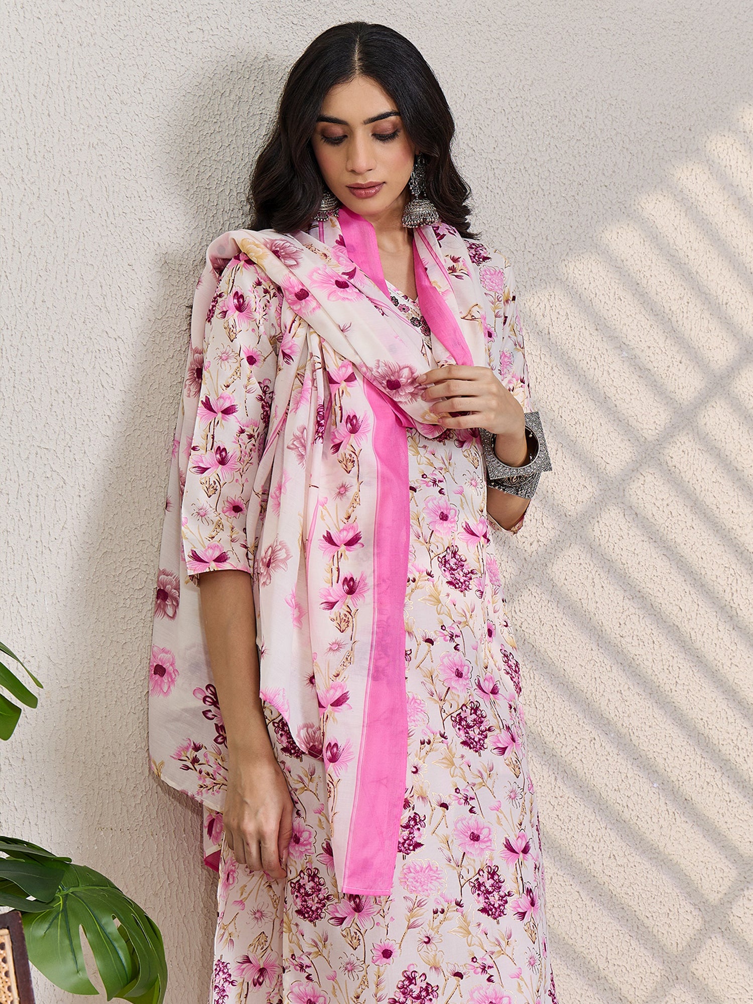 Cream Printed Pure Cotton Straight Kurta Sets With Dupatta