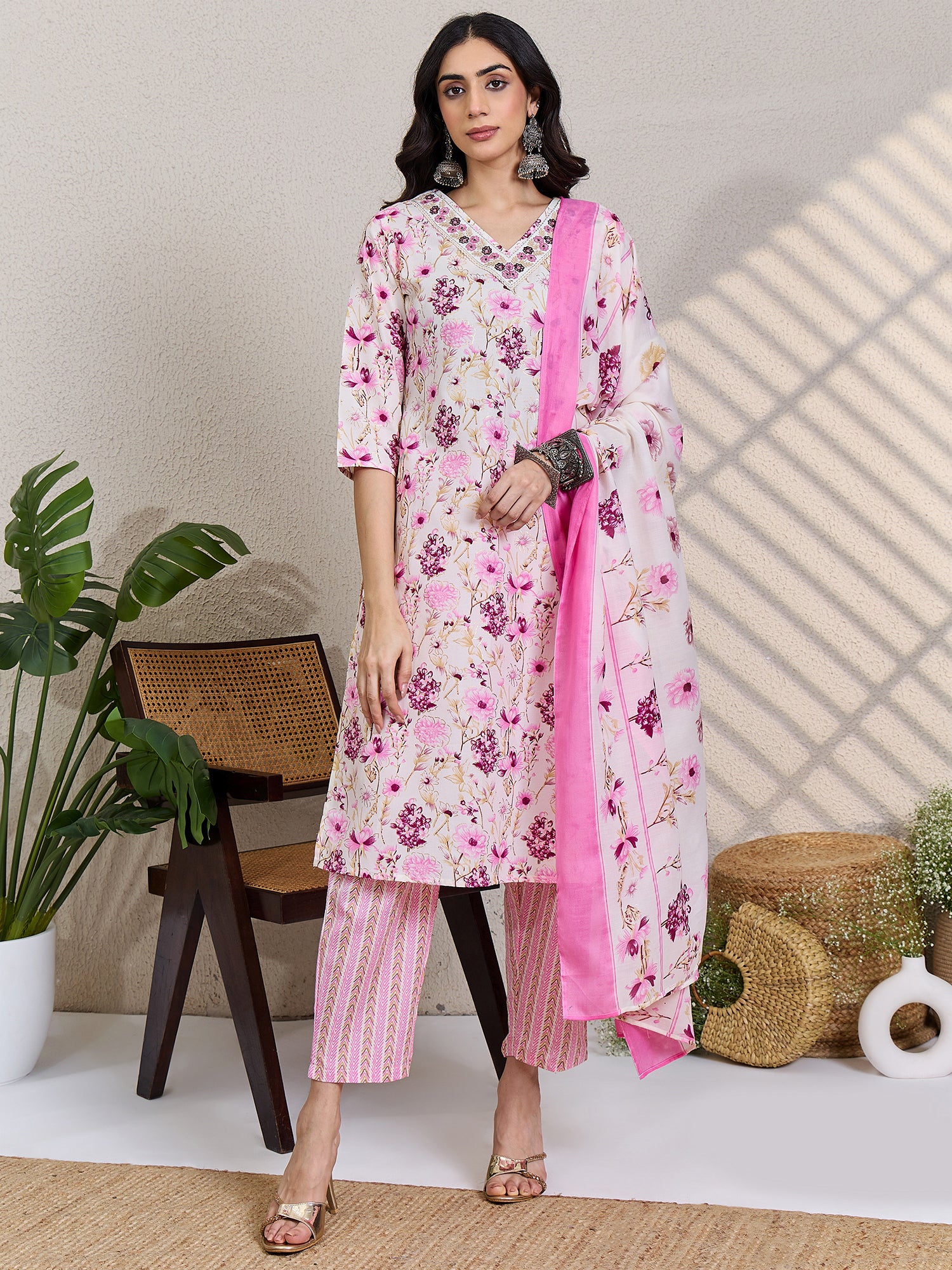 Cream Printed Pure Cotton Straight Kurta Sets With Dupatta