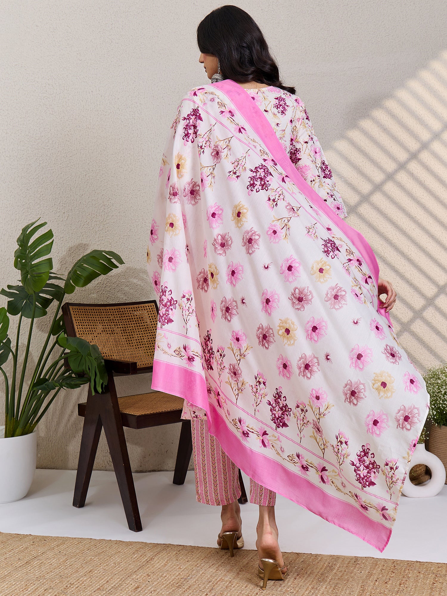 Cream Printed Pure Cotton Straight Kurta Sets With Dupatta