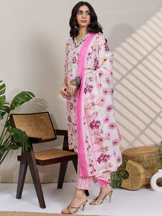 Cream Printed Pure Cotton Straight Kurta Sets With Dupatta