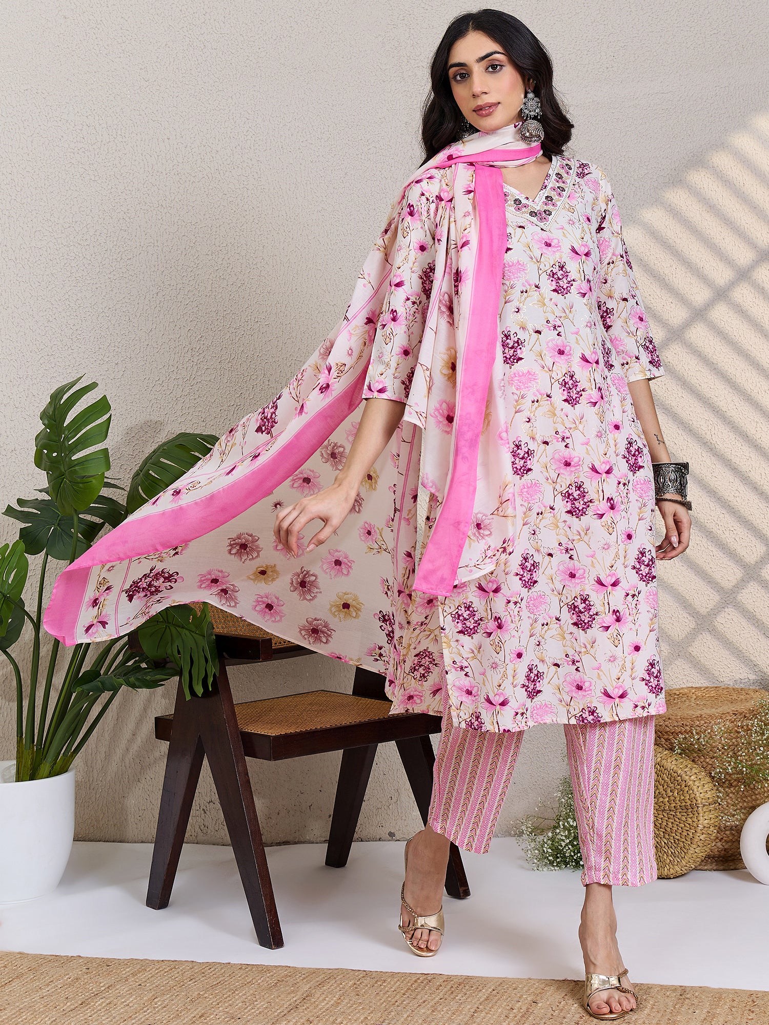 Cream Printed Pure Cotton Straight Kurta Sets With Dupatta
