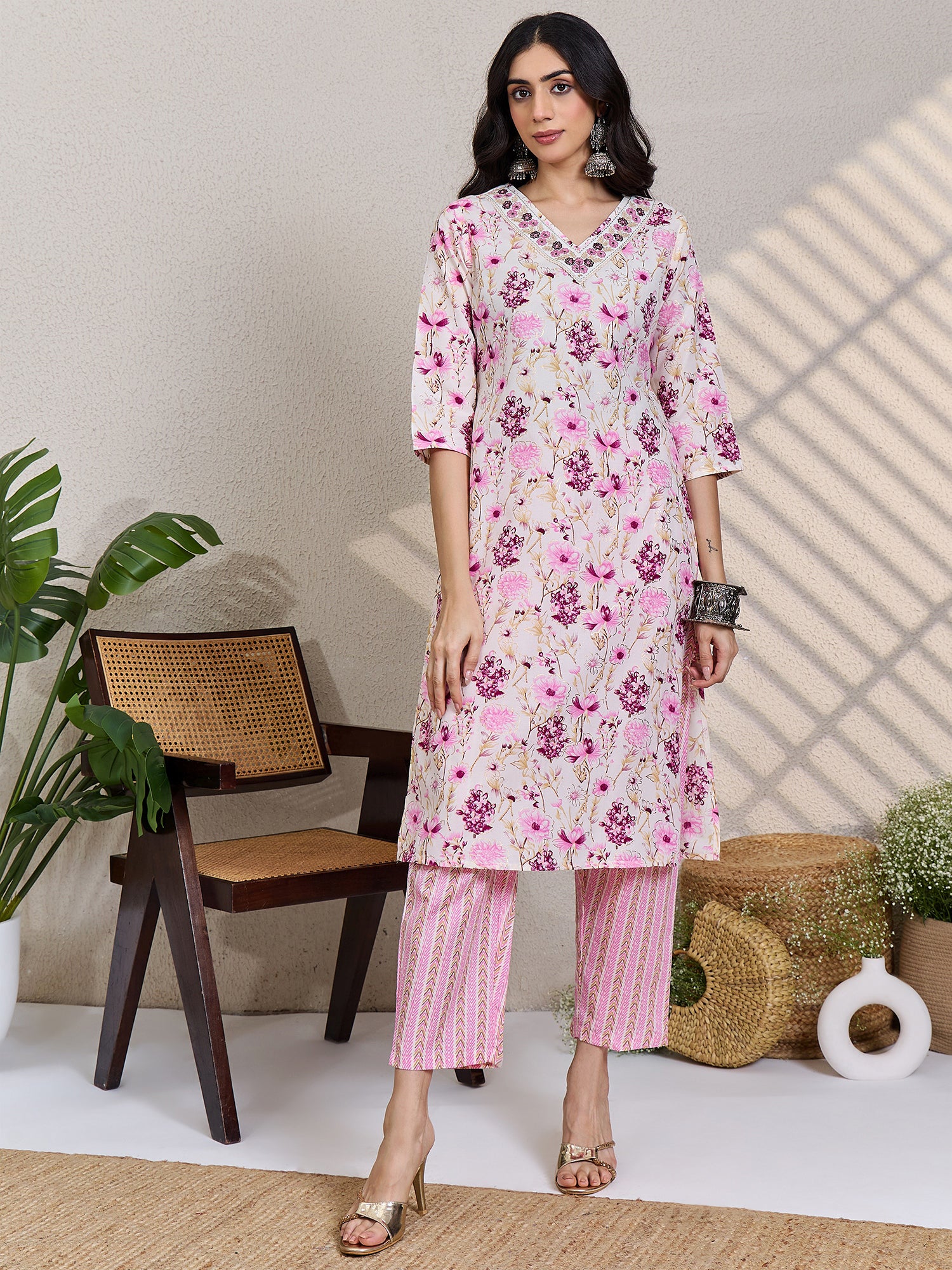 Cream Printed Pure Cotton Straight Kurta Sets With Dupatta
