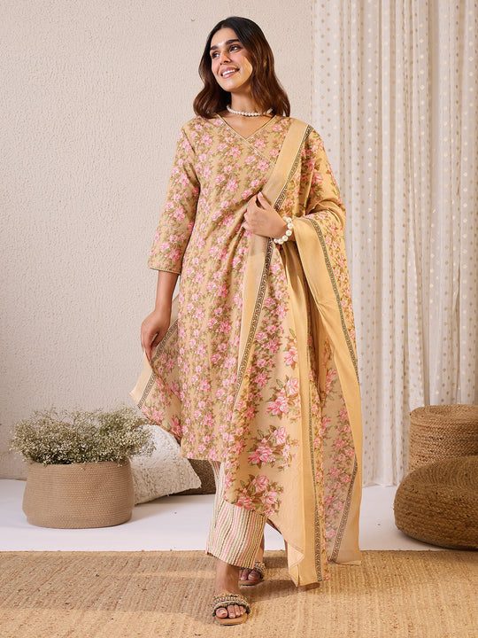 Beige Printed Pure Cotton Straight Suit Sets With Dupatta