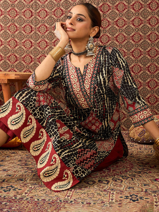 Black Printed Pure Cotton Straight Kurta Trouser Set