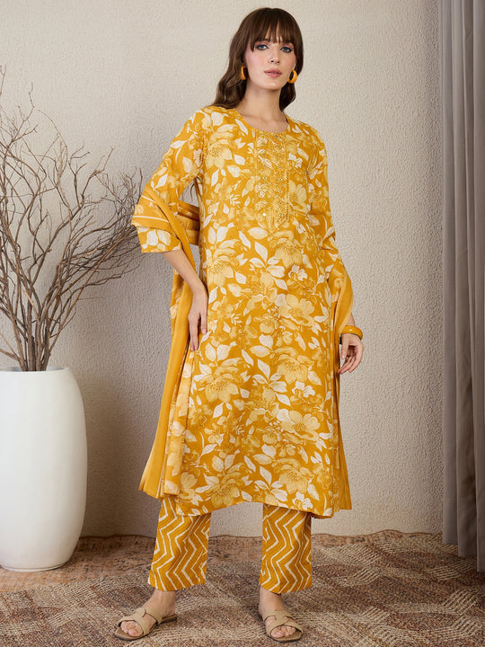 Mustard Printed Cotton Blend Straight Suit Sets With Dupatta