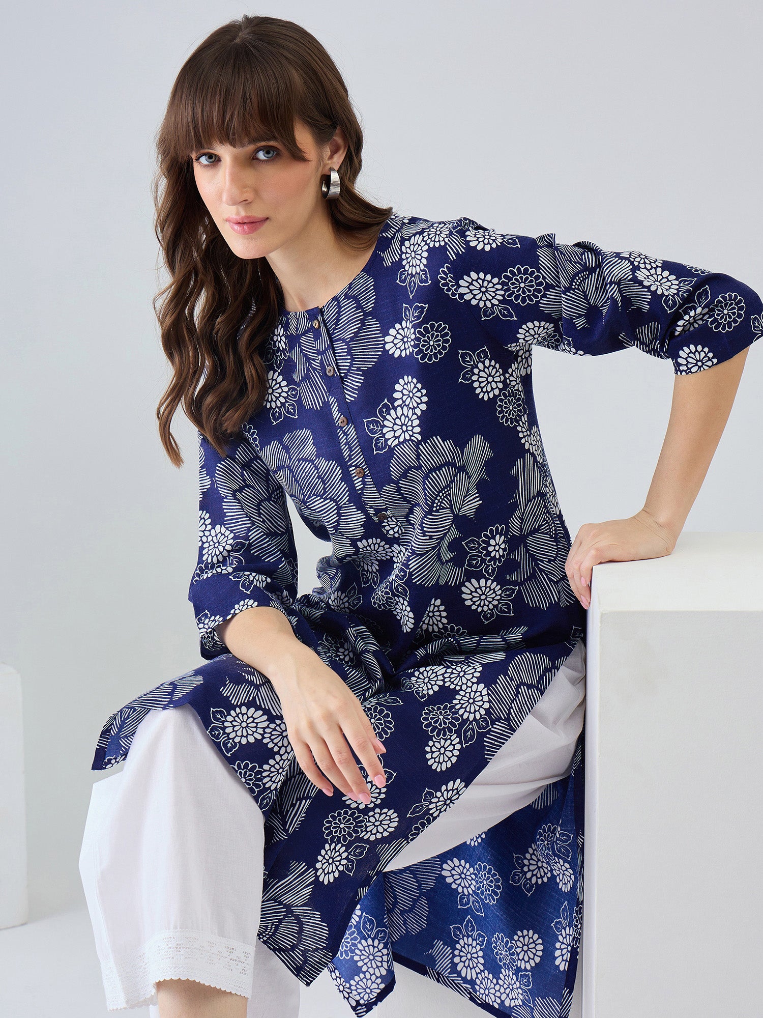 Indo Era Blue Printed Straight Kurtas