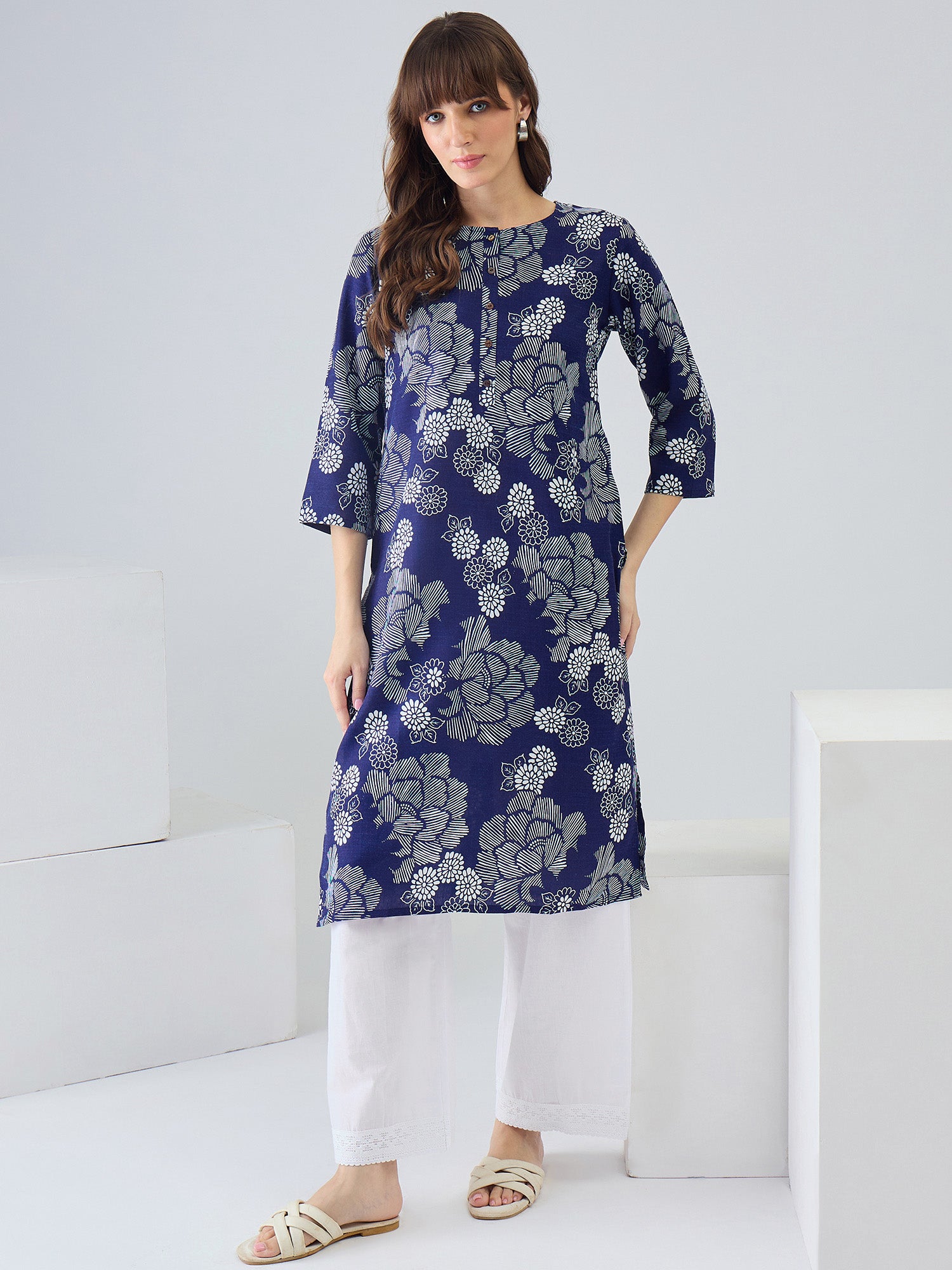 Indo Era Blue Printed Straight Kurtas