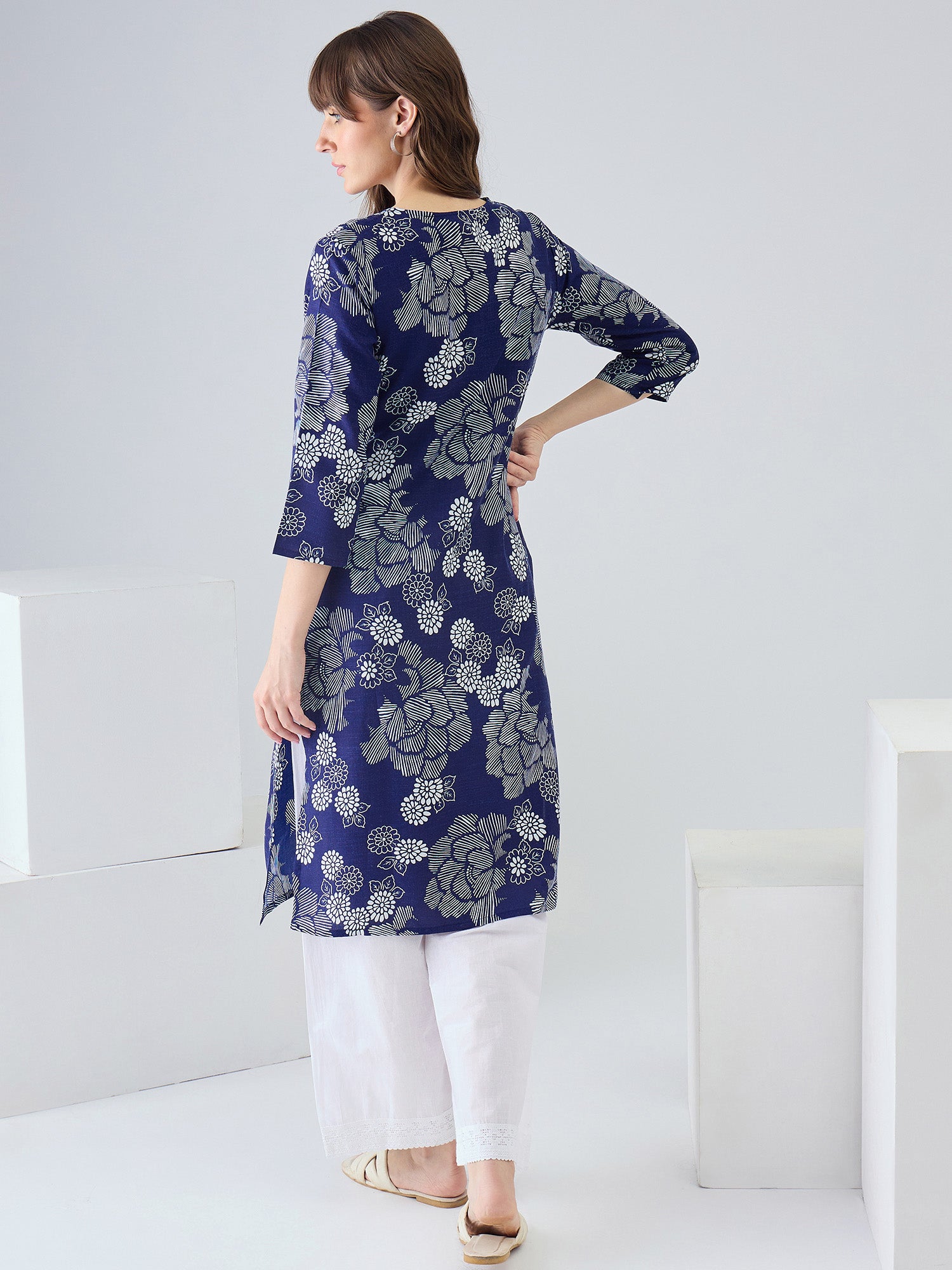 Indo Era Blue Printed Straight Kurtas