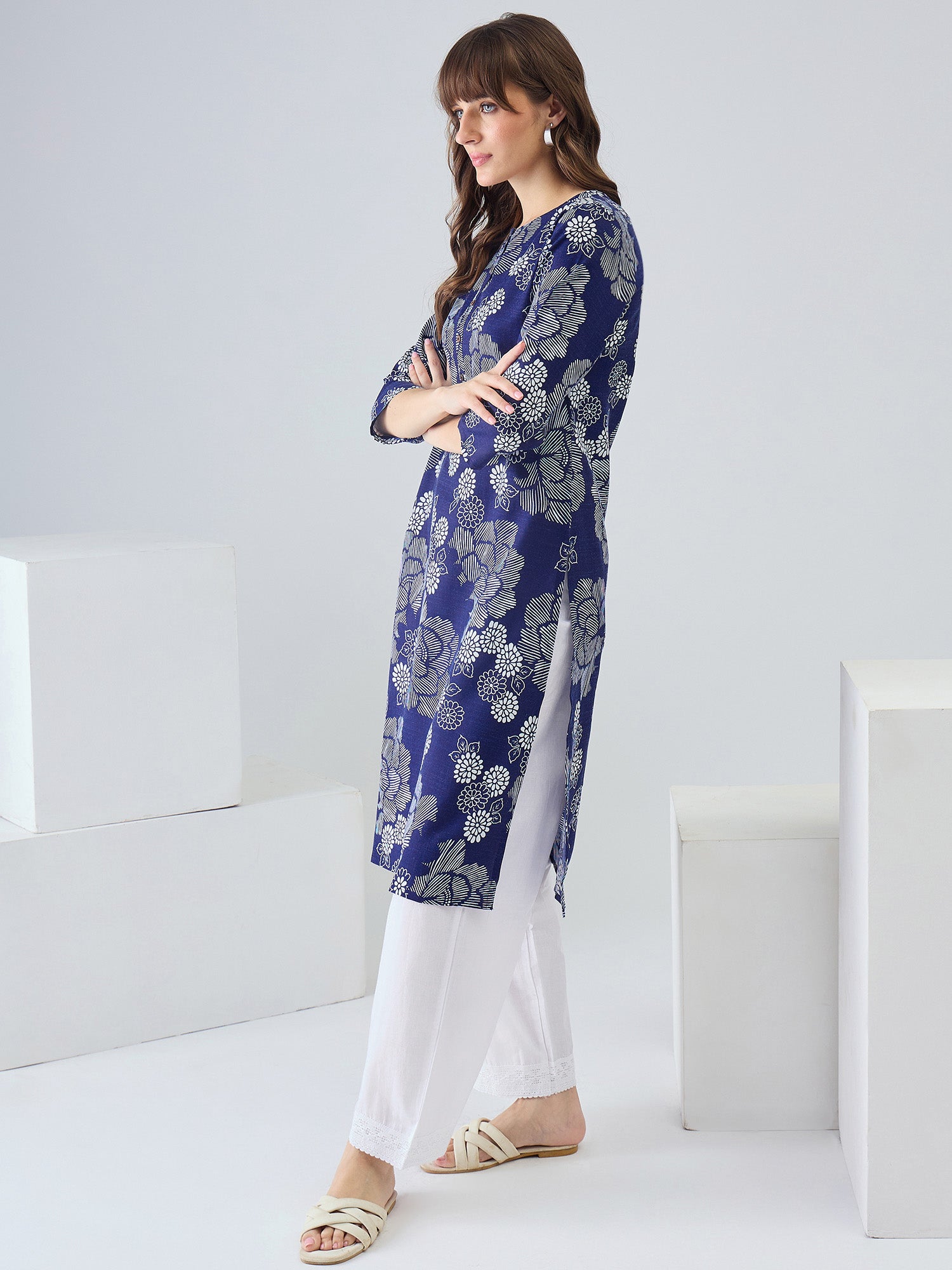Indo Era Blue Printed Straight Kurtas