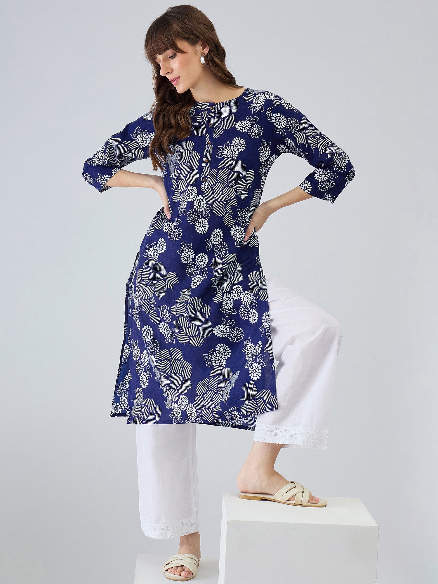 Indo Era Blue Printed Straight Kurtas
