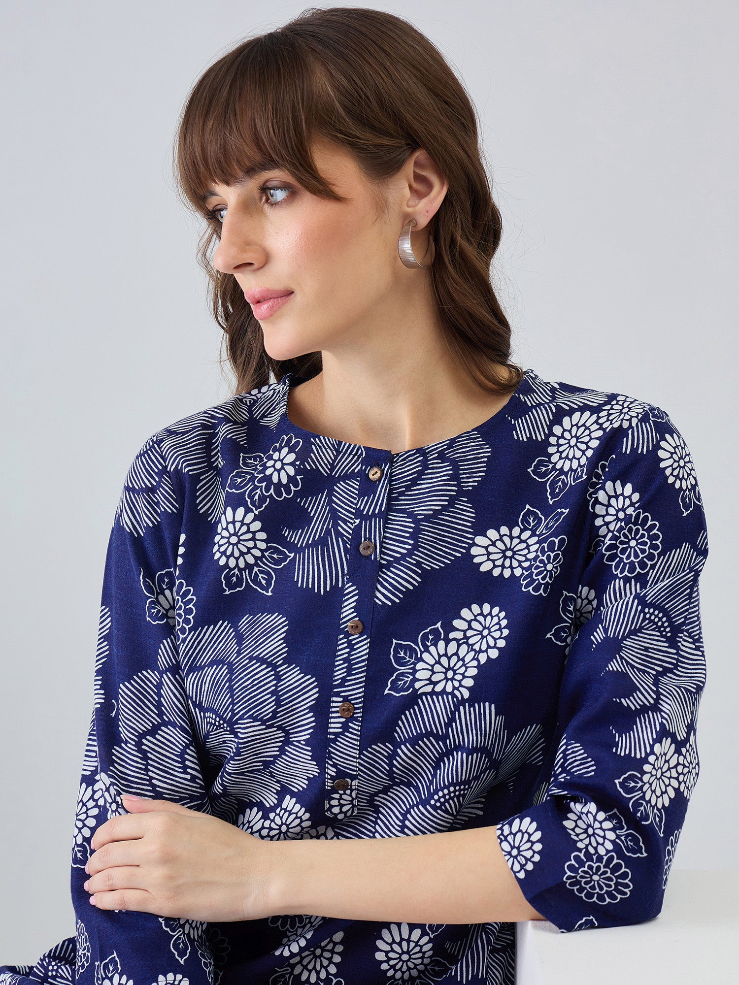 Indo Era Blue Printed Straight Kurtas