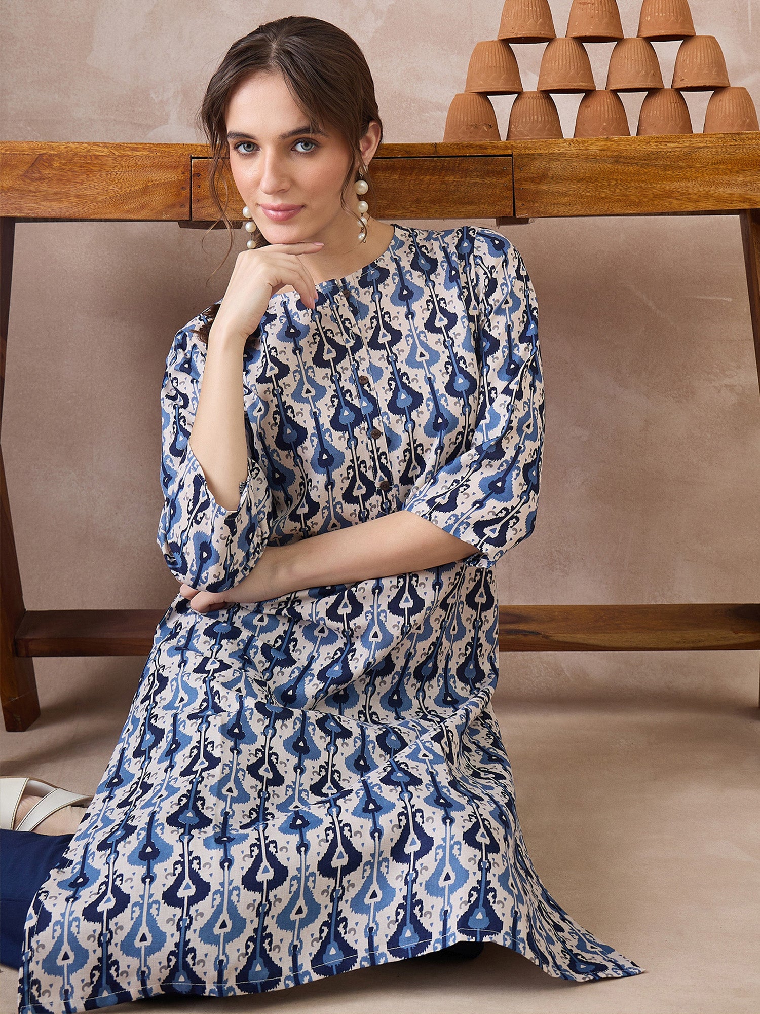 Indo Era Off White Printed Straight Kurtas