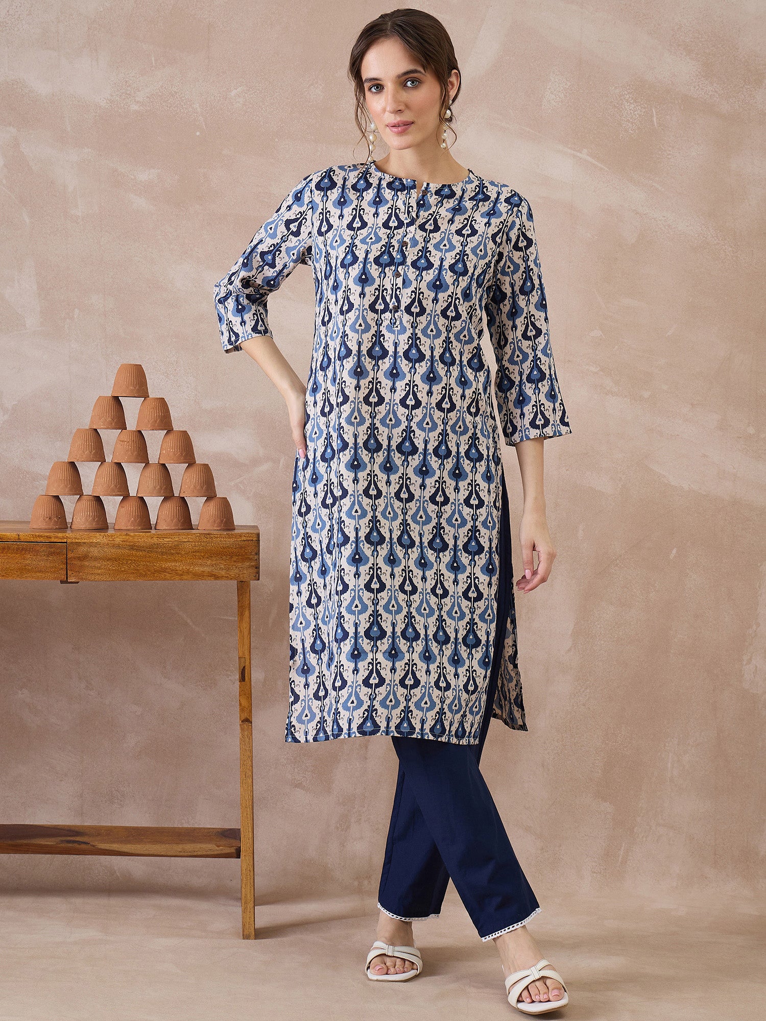 Indo Era Off White Printed Straight Kurtas