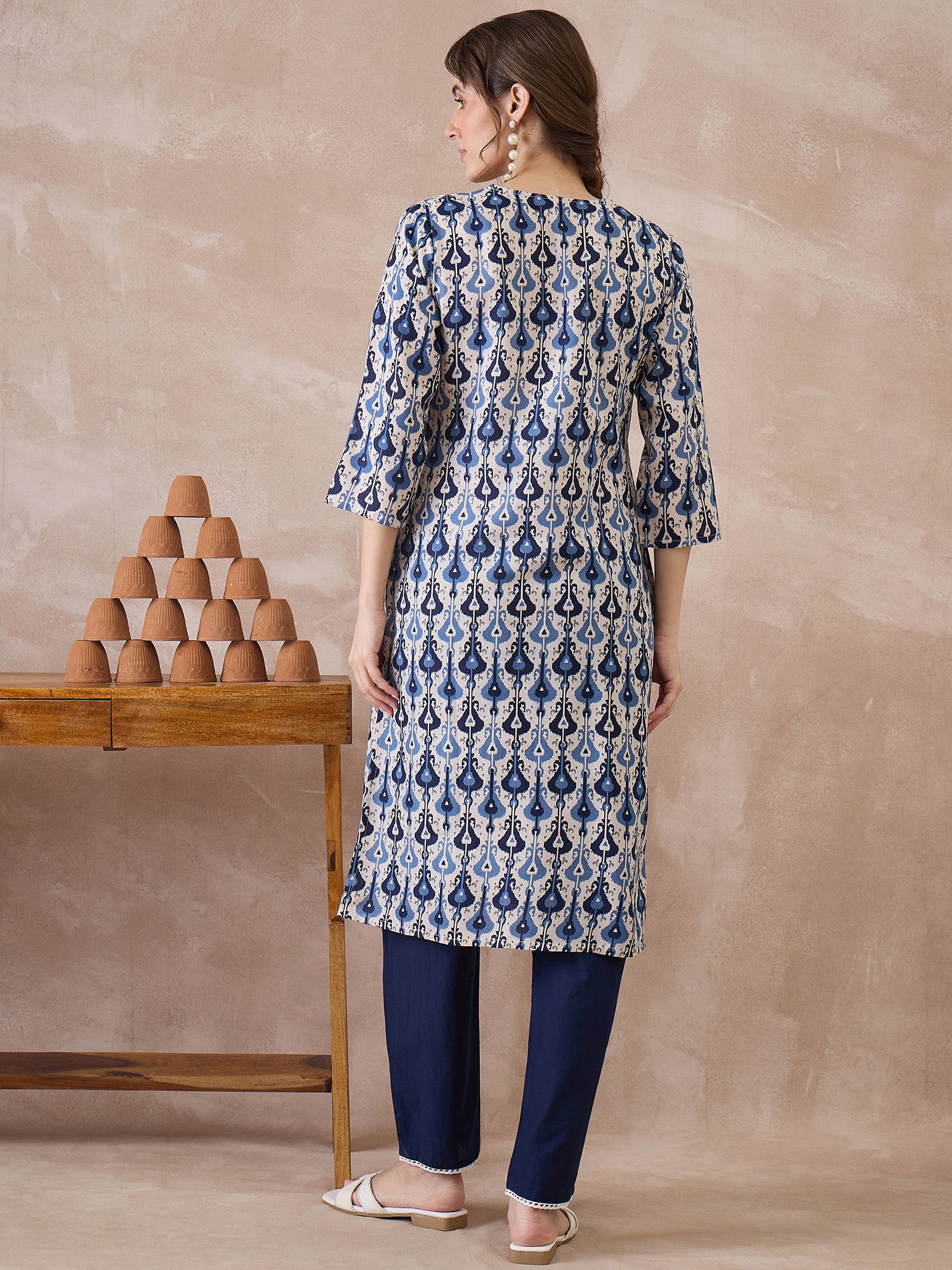 Indo Era Off White Printed Straight Kurtas