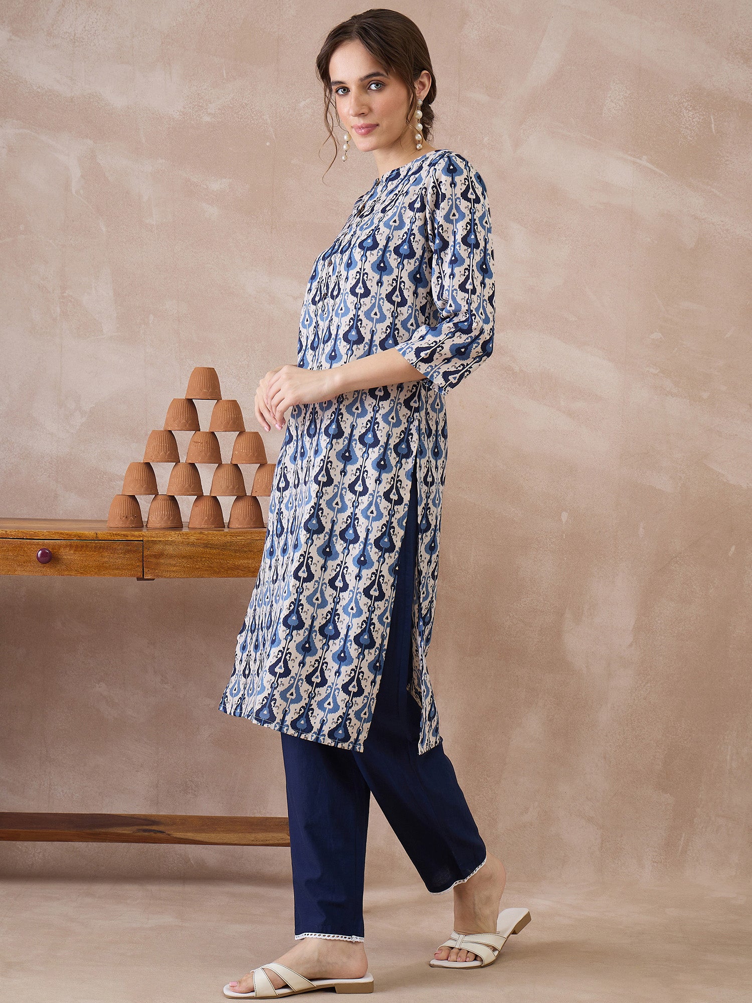 Indo Era Off White Printed Straight Kurtas