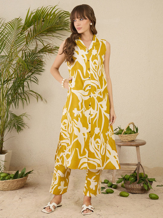 Yellow Printed Straight Kurta Trouser set