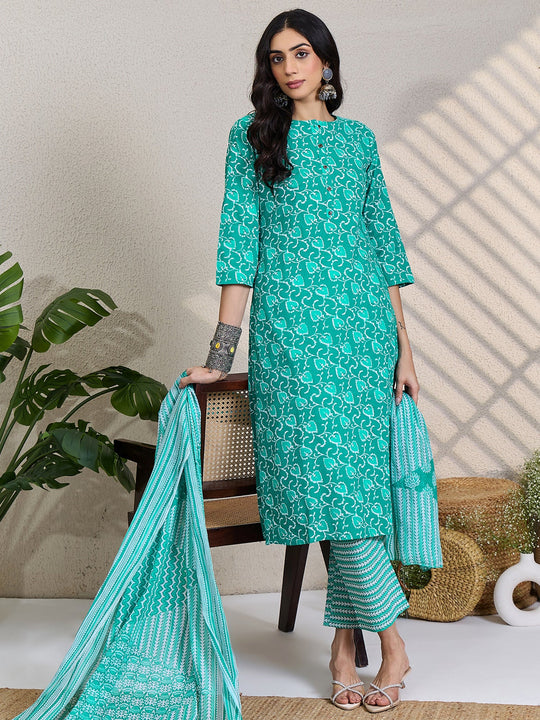 Teal Printed Pure Cotton Straight Suit Sets With Dupatta