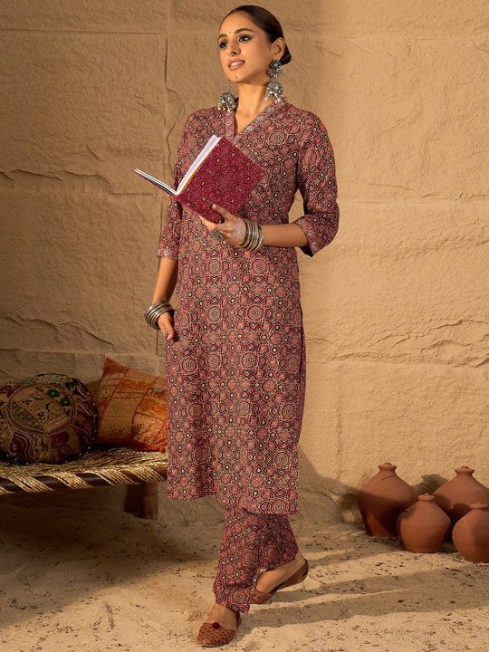 Red Printed Pure Cotton Straight Kurta Trouser Set