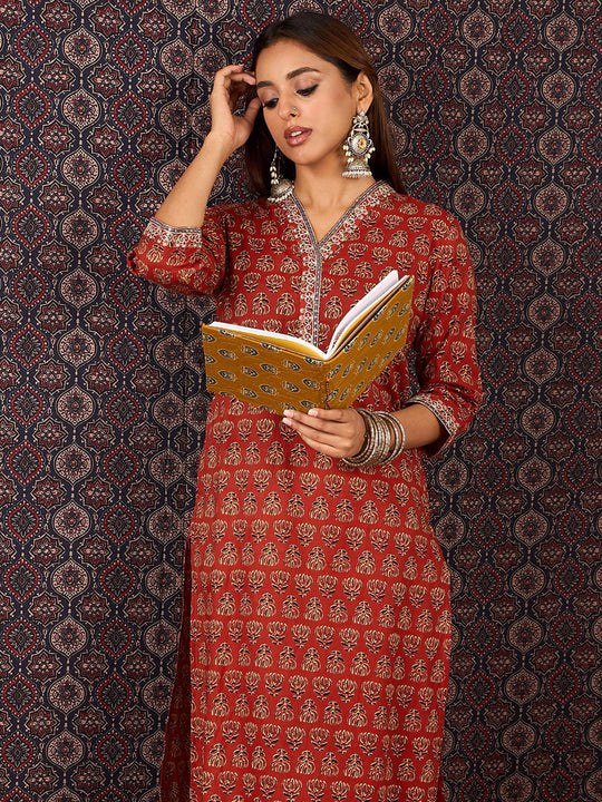 Red Printed Pure Cotton Straight Kurta Trouser Set