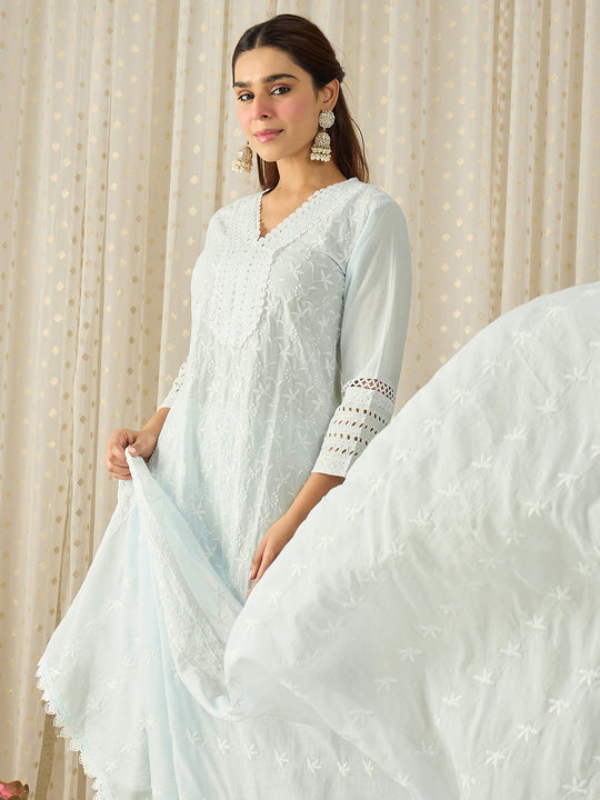 Grey Embroidered Pure Cotton Straight Kurta Sets With Dupatta