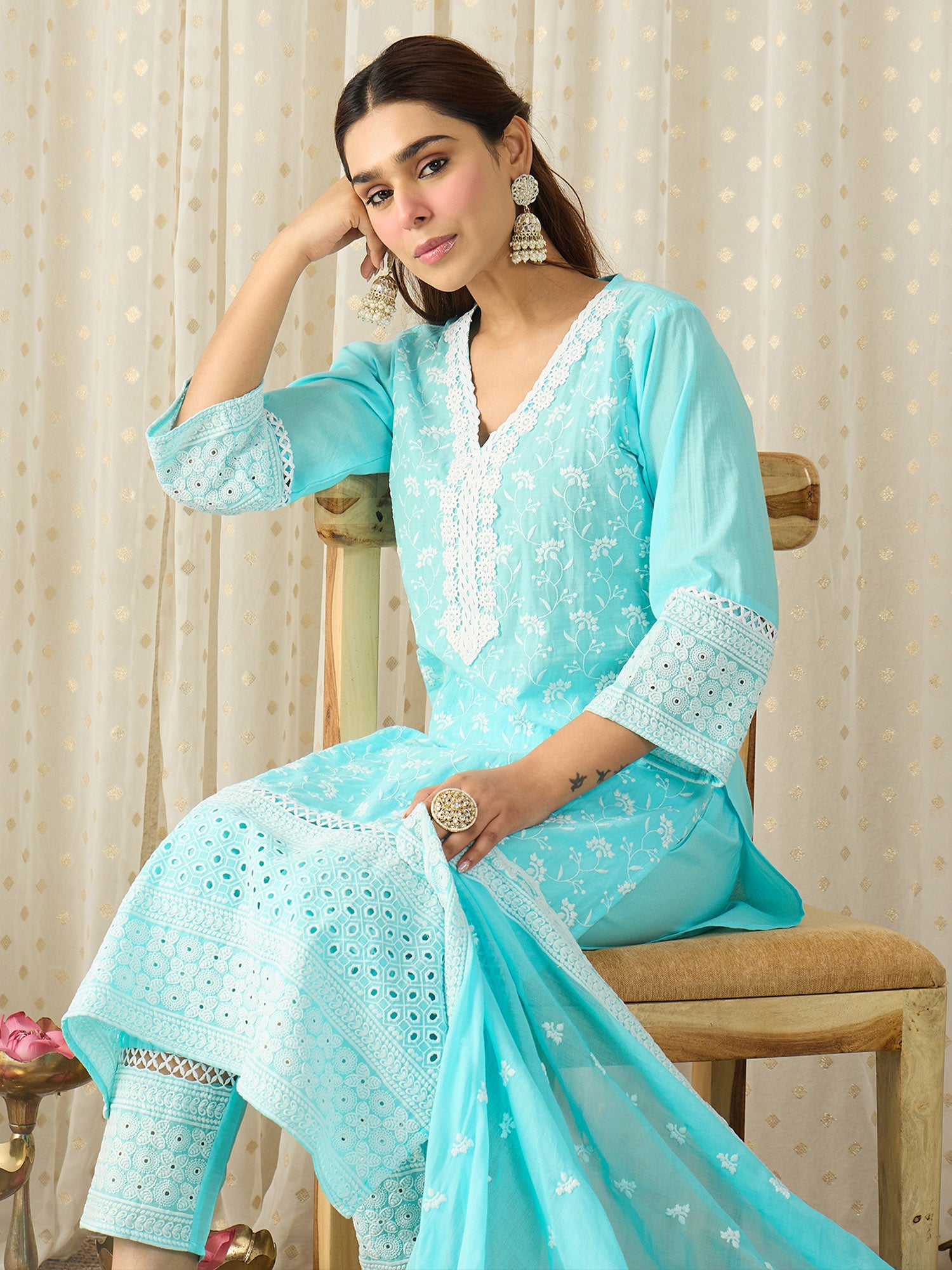 Blue Embroidered Pure Cotton Straight Kurta Sets With Dupatta