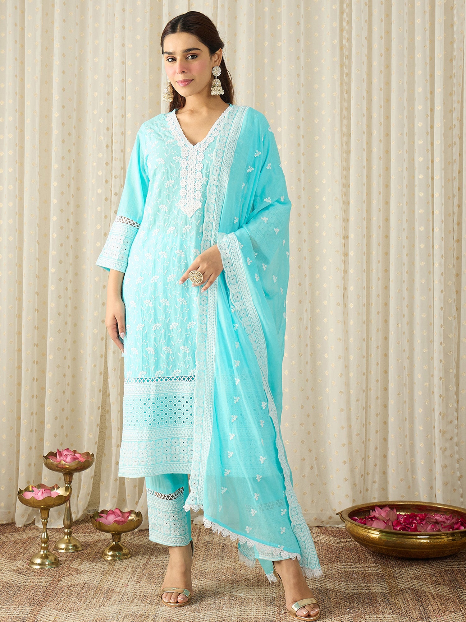 Blue Embroidered Pure Cotton Straight Kurta Sets With Dupatta