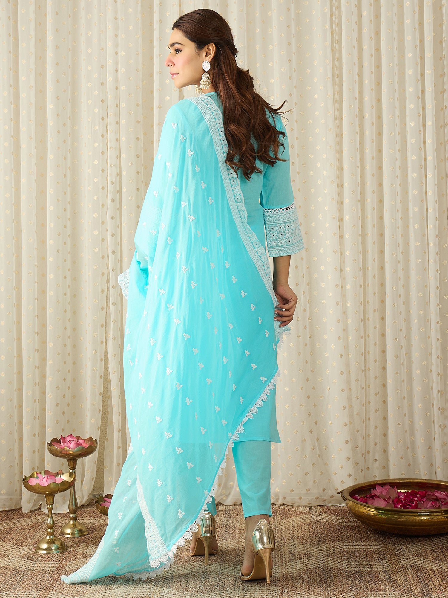 Blue Embroidered Pure Cotton Straight Kurta Sets With Dupatta